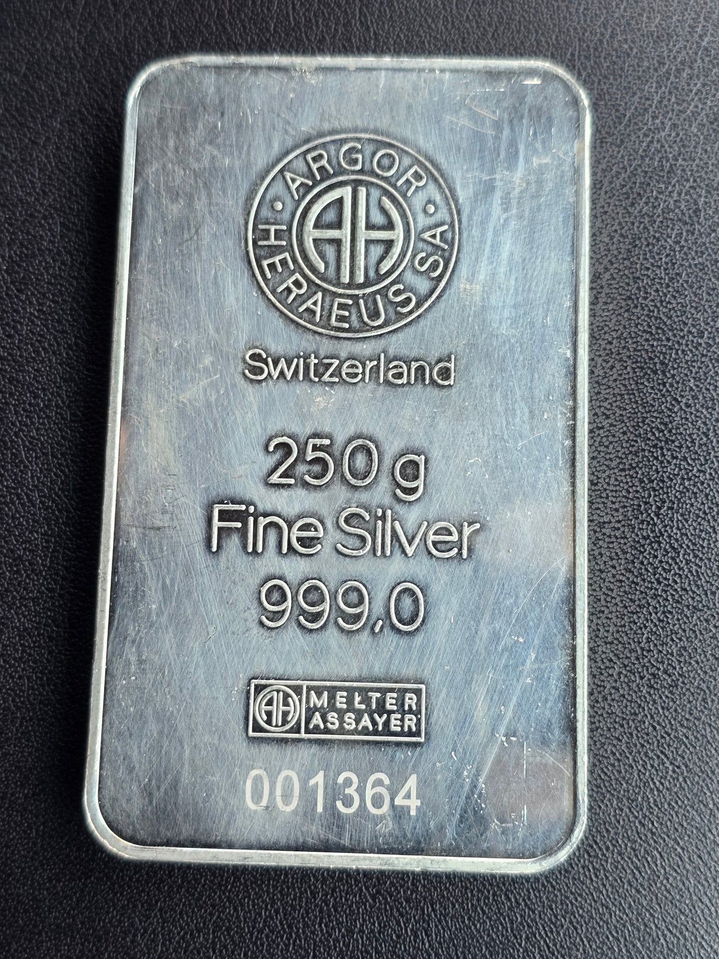 250g Argor Heraeus Switzerland silver bar (handling scratches)