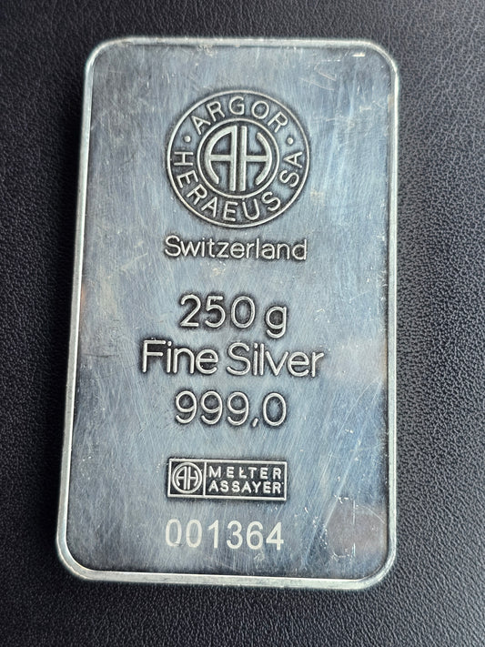 250g Argor Heraeus Switzerland silver bar (handling scratches)