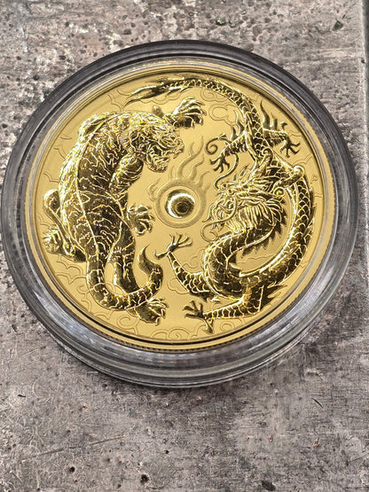 Bank deposit only. 1oz 2019 Chinese Myths & Legends gold coin. Tiger and Dragon.