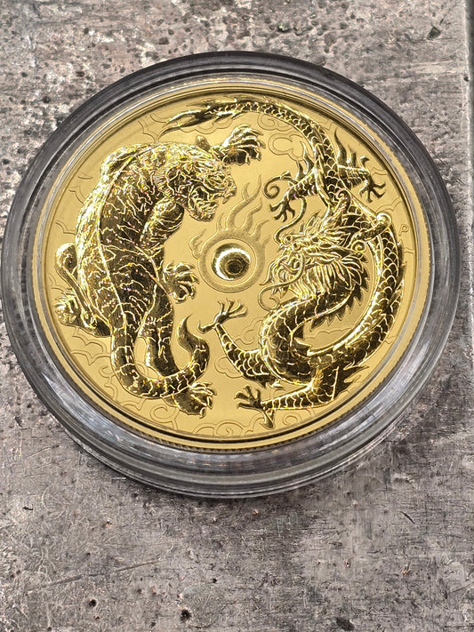 Bank deposit only. 1oz 2019 Chinese Myths & Legends gold coin. Tiger and Dragon.