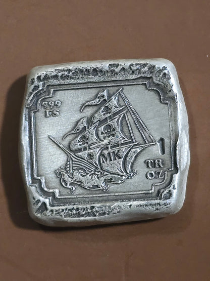 1 Oz .999 FS MK BarZ "Set Sail for Treasure" Stamped Square with Pirate Ship Design