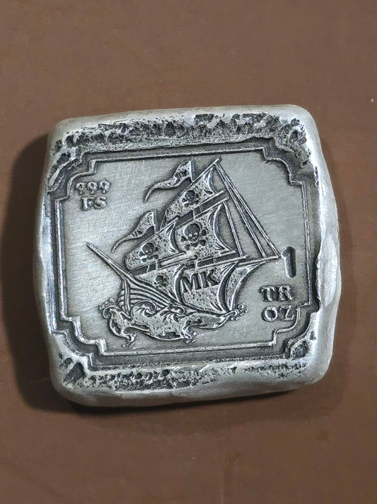 1 Oz .999 FS MK BarZ "Set Sail for Treasure" Stamped Square with Pirate Ship Design