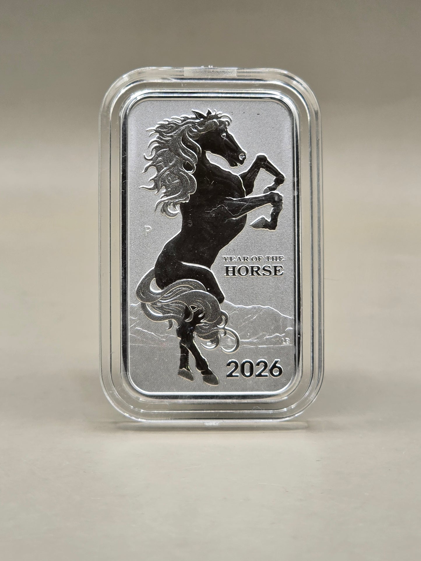 1oz 2026 Rectangular Horse silver coin in capsule