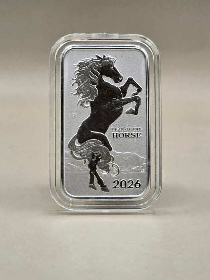 1oz 2026 Rectangular Horse silver coin in capsule