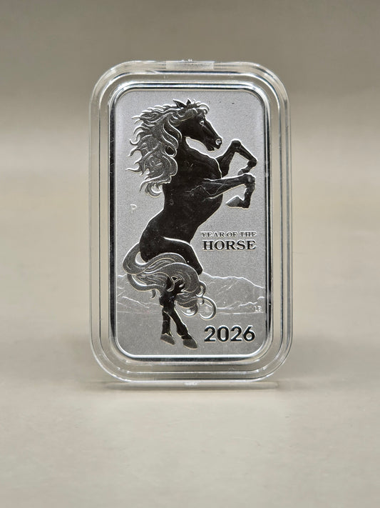 1oz 2026 Rectangular Horse silver coin in capsule