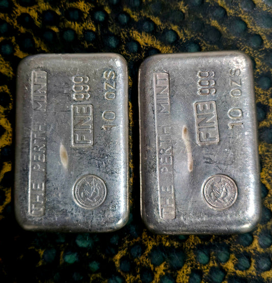 2x10oz Vintage Type C Perth Mint silver bars consec serials