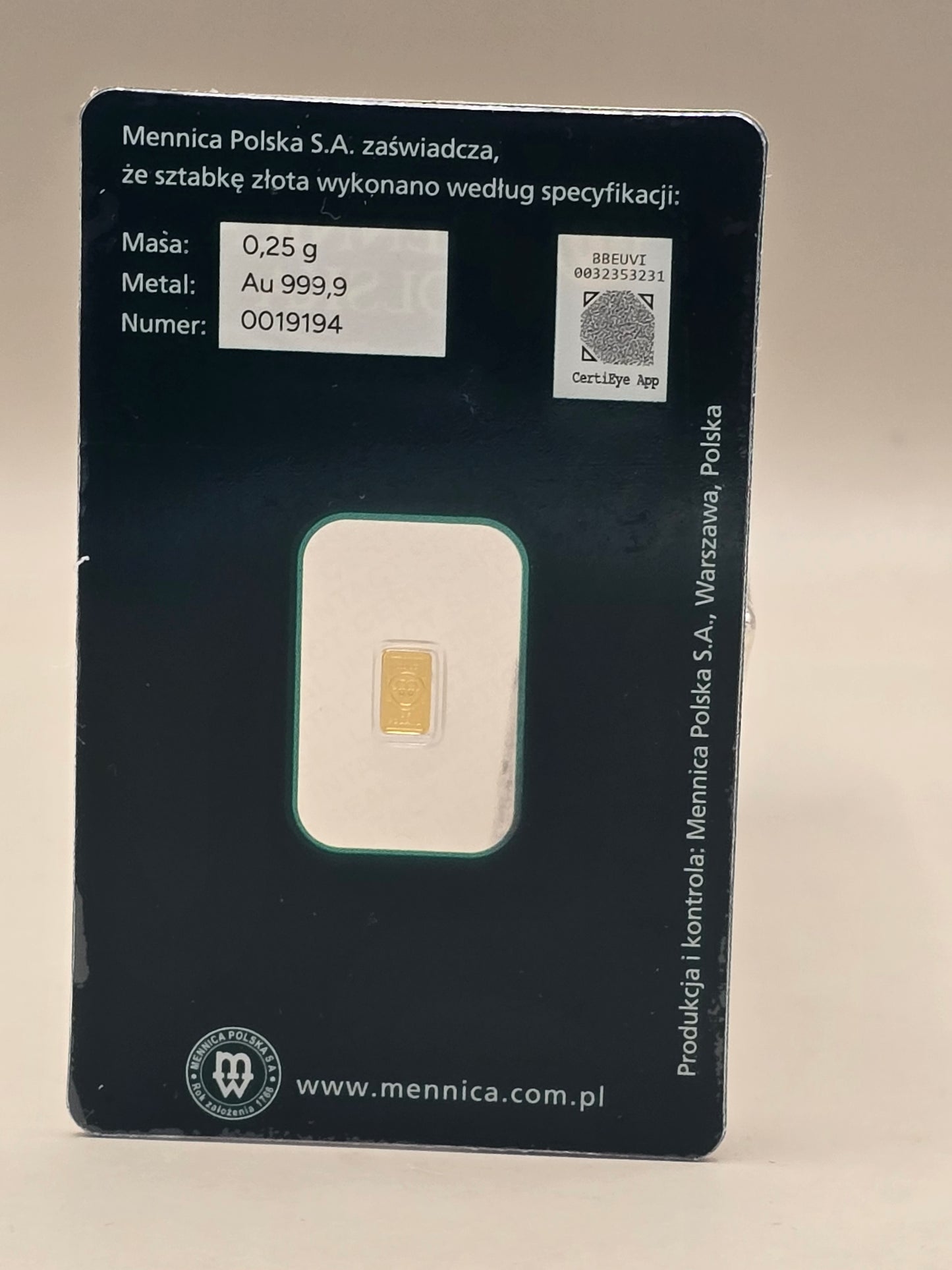 0.25g gold bar Mennica Polska